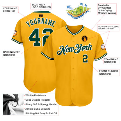 Custom Gold Green-White Authentic Baseball Jersey - Sky-Custom