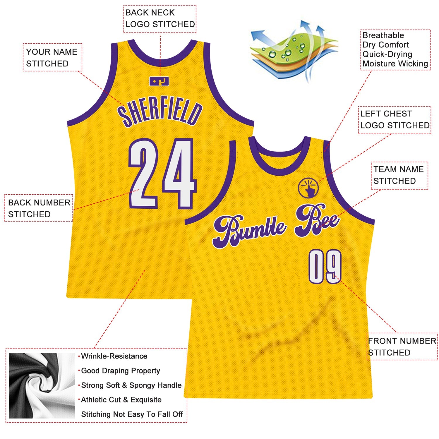 Custom Gold White-Purple Authentic Throwback Basketball Jersey - Sky-Custom