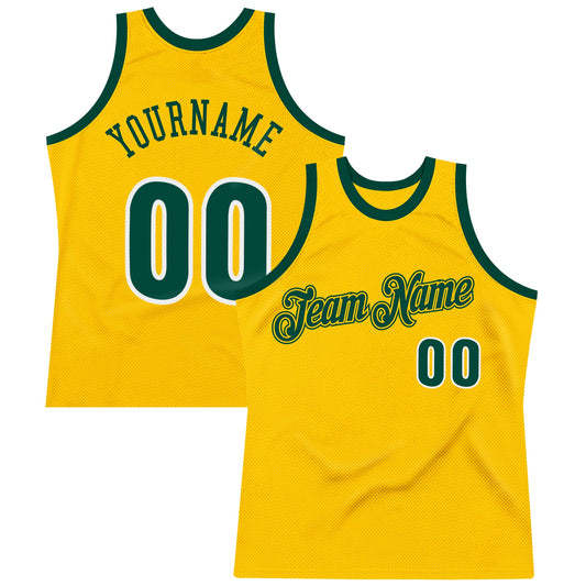 Custom Gold Hunter Green-White Authentic Throwback Basketball Jersey - Sky-Custom