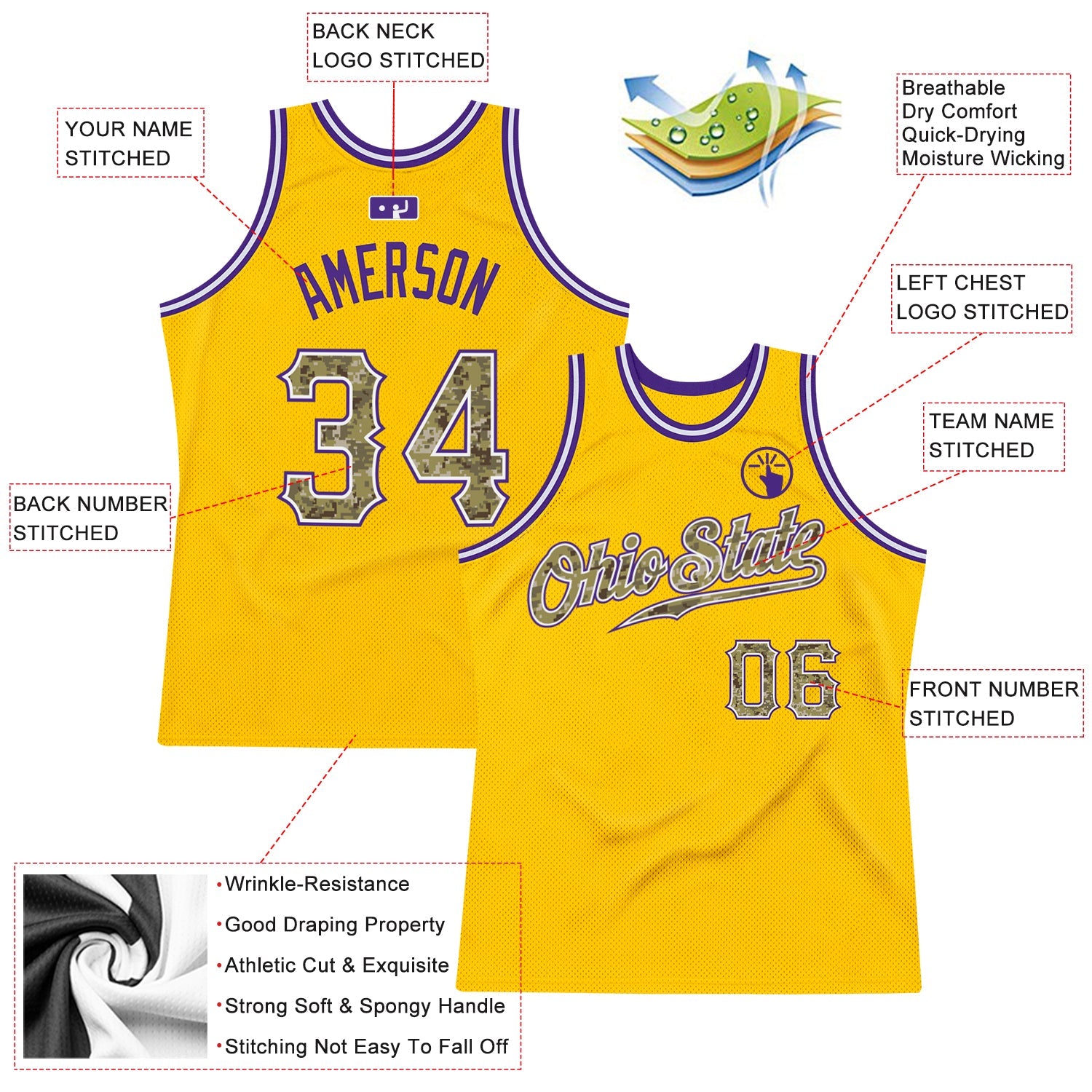 Custom Gold Camo-Purple Authentic Throwback Basketball Jersey - Sky-Custom