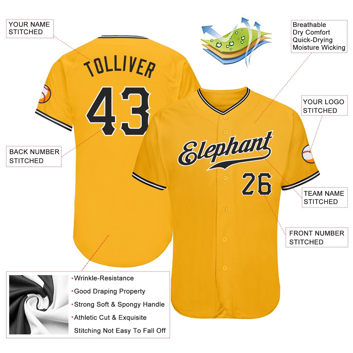 Custom Gold Black-White Authentic Baseball Jersey - Sky-Custom