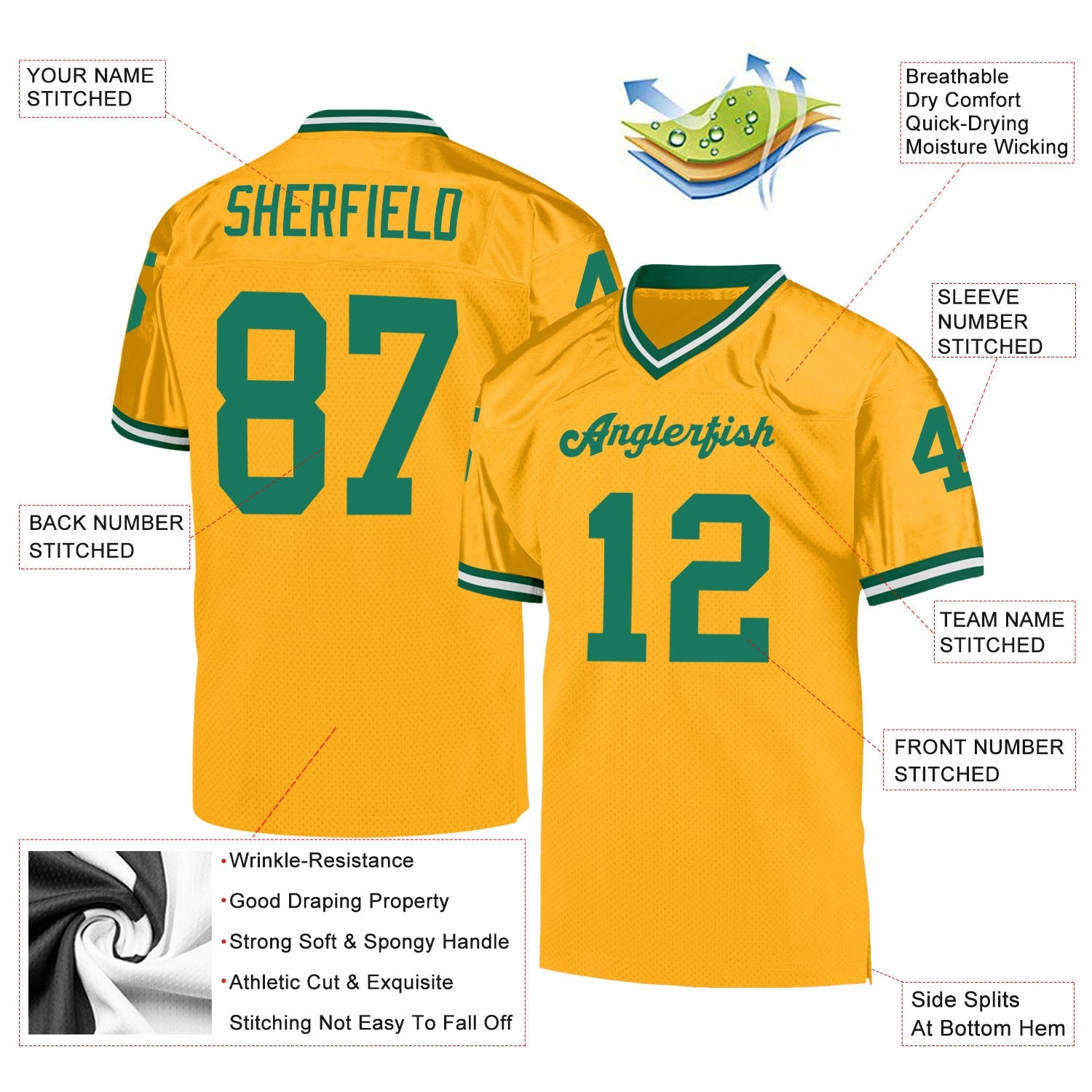 Custom Gold Kelly Green-White Mesh Authentic Throwback Football Jersey - Sky-Custom