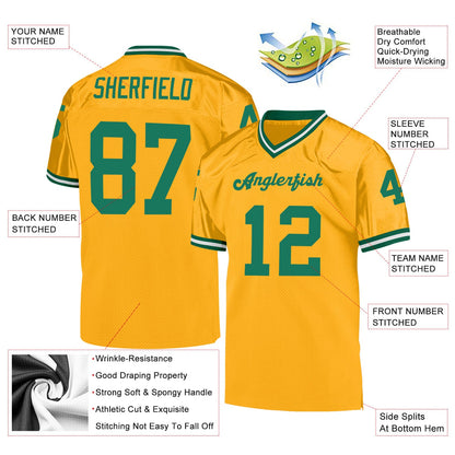 Custom Gold Kelly Green-White Mesh Authentic Throwback Football Jersey - Sky-Custom