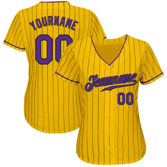 Custom Yellow Black Pinstripe Purple-Black Authentic Baseball Jersey - Sky-Custom