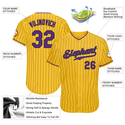 Custom Yellow Black Pinstripe Purple-Black Authentic Baseball Jersey - Sky-Custom