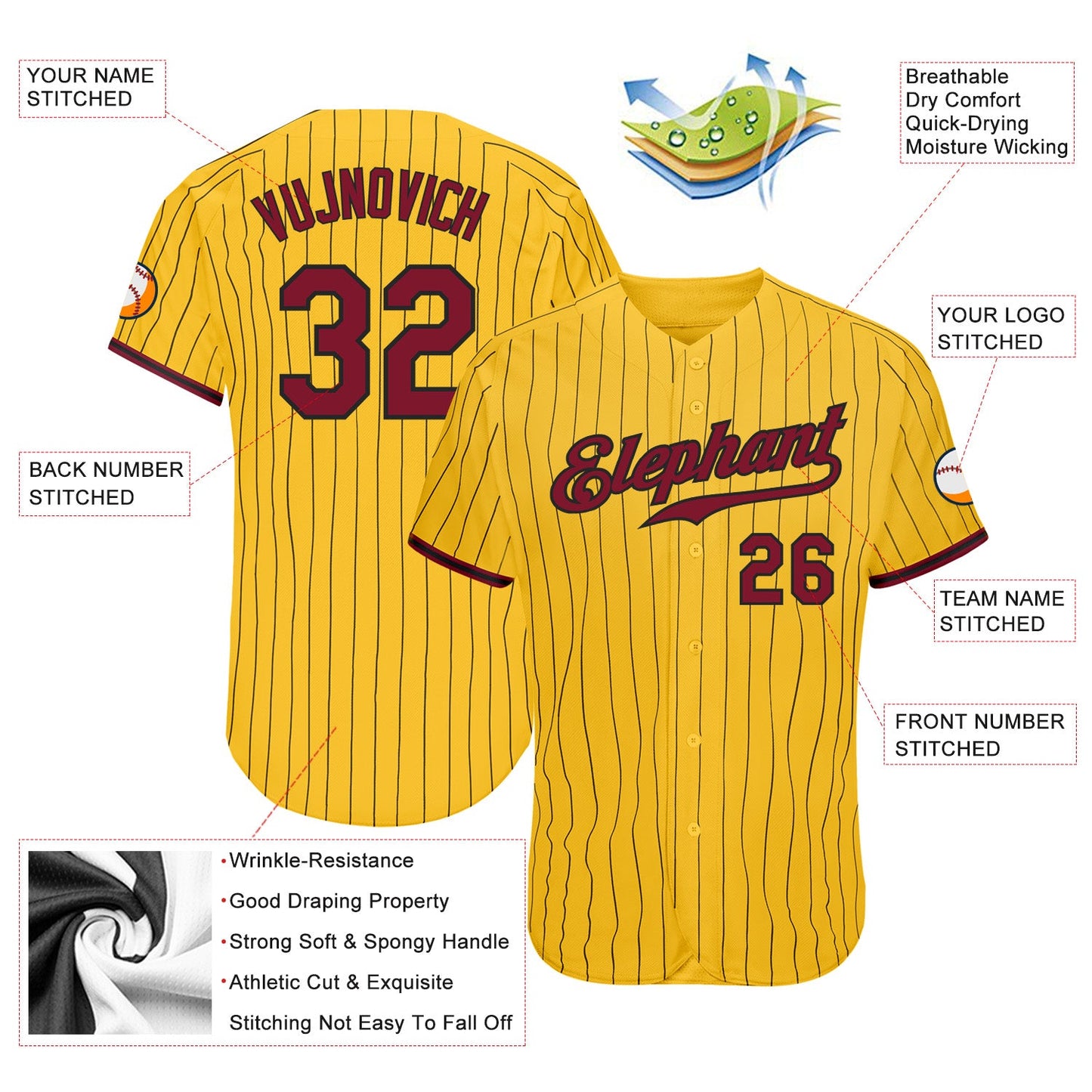 Custom Yellow Black Pinstripe Crimson-Black Authentic Baseball Jersey - Sky-Custom