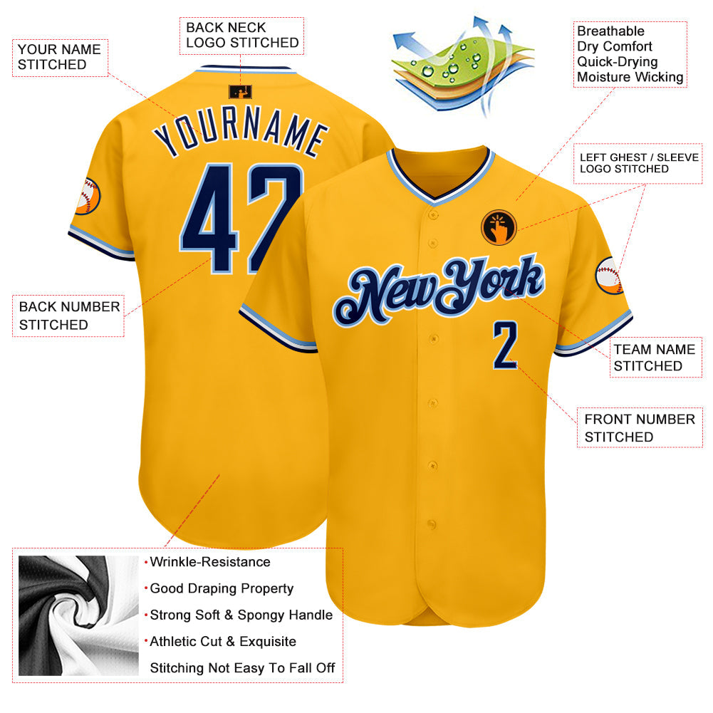 Custom Gold Navy-Light Blue Authentic Baseball Jersey - Sky-Custom