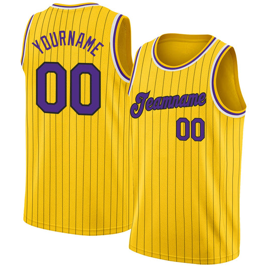 Custom Gold Black Pinstripe Purple-White Authentic Basketball Jersey - Sky-Custom