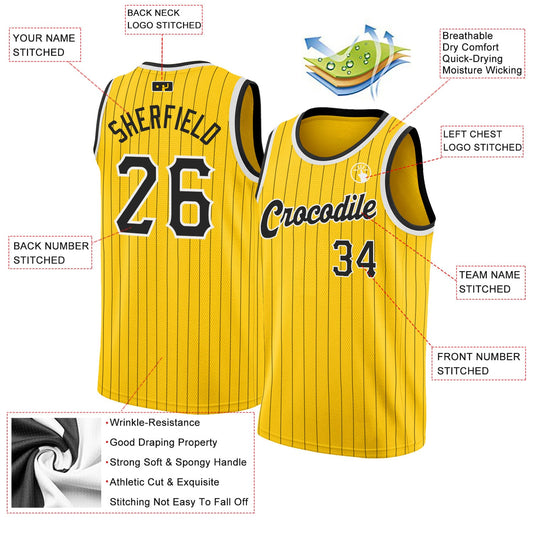 Custom Gold Black Pinstripe Black-White Authentic Basketball Jersey - Sky-Custom
