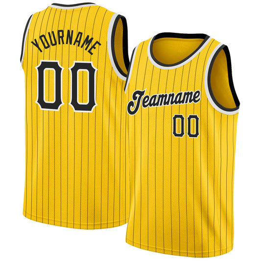 Custom Gold Black Pinstripe Black-White Authentic Basketball Jersey - Sky-Custom