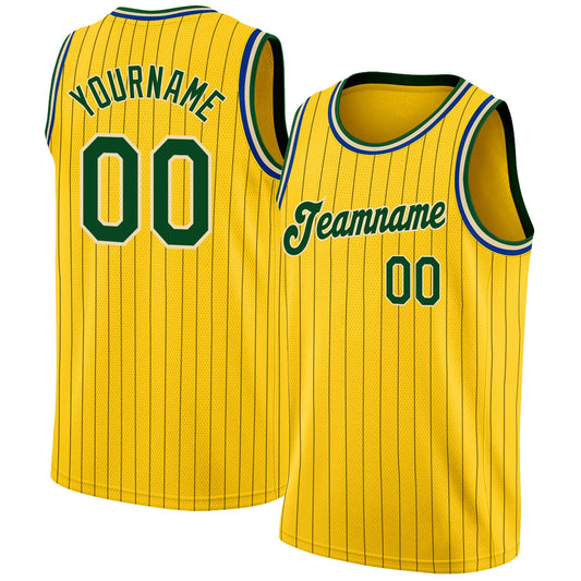Custom Gold Black Pinstripe Green-Cream Authentic Basketball Jersey - Sky-Custom