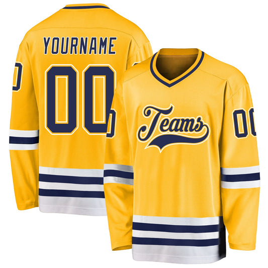 Custom Gold Navy-White Hockey Jersey - Sky-Custom