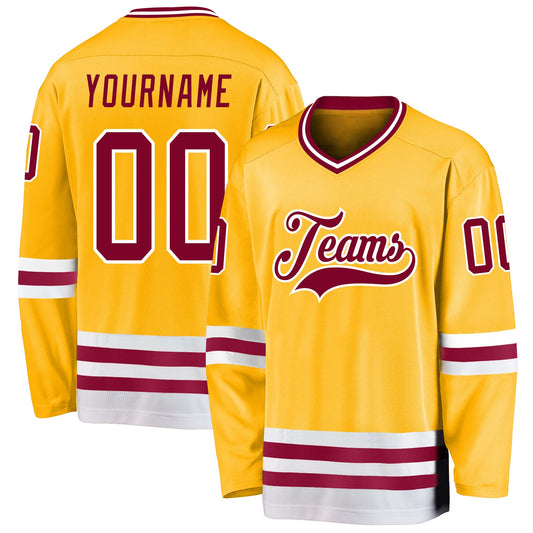 Custom Gold Maroon-White Hockey Jersey - Sky-Custom