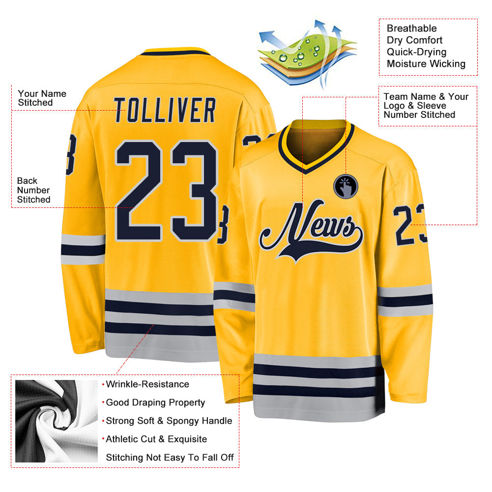 Custom Gold Navy-Gray Hockey Jersey - Sky-Custom