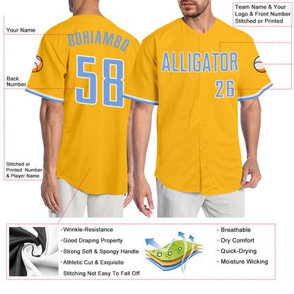 Custom Gold Light Blue-White Authentic Baseball Jersey - Sky-Custom