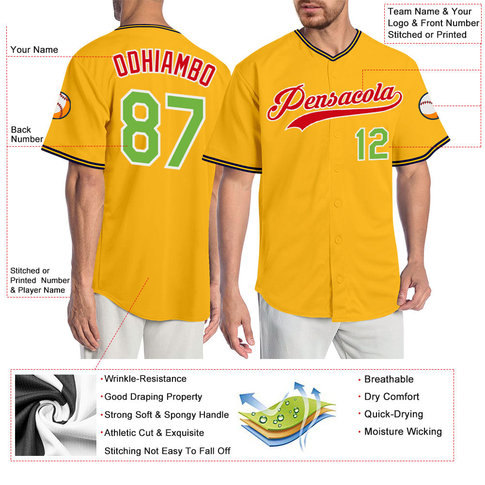 Custom Gold Neon Green-Red Authentic Baseball Jersey - Sky-Custom