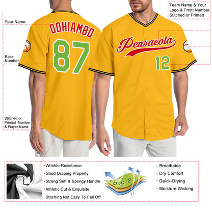 Custom Gold Neon Green-Red Authentic Baseball Jersey - Sky-Custom
