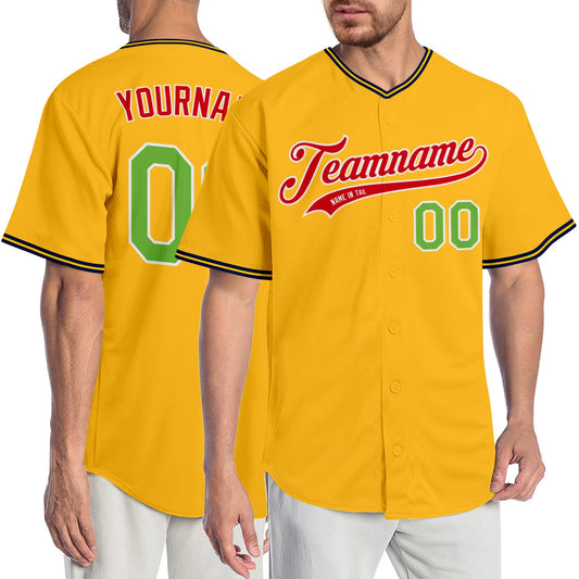 Custom Gold Neon Green-Red Authentic Baseball Jersey - Sky-Custom