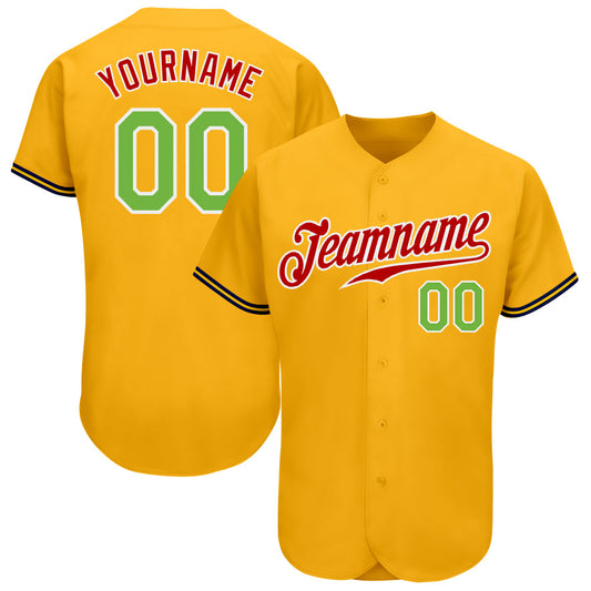 Custom Gold Neon Green-Red Authentic Baseball Jersey - Sky-Custom