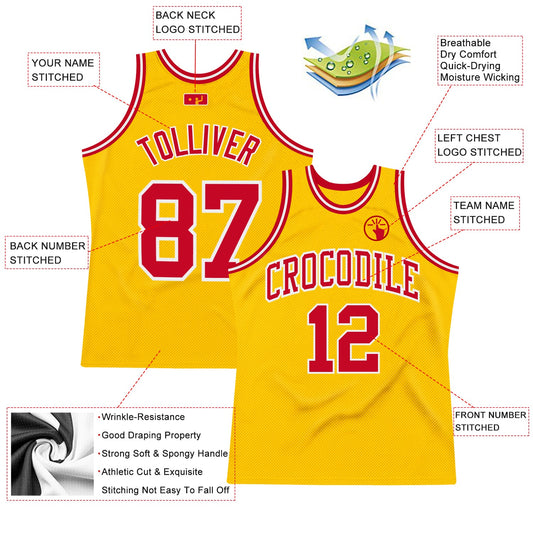 Custom Gold Red-White Authentic Throwback Basketball Jersey - Sky-Custom