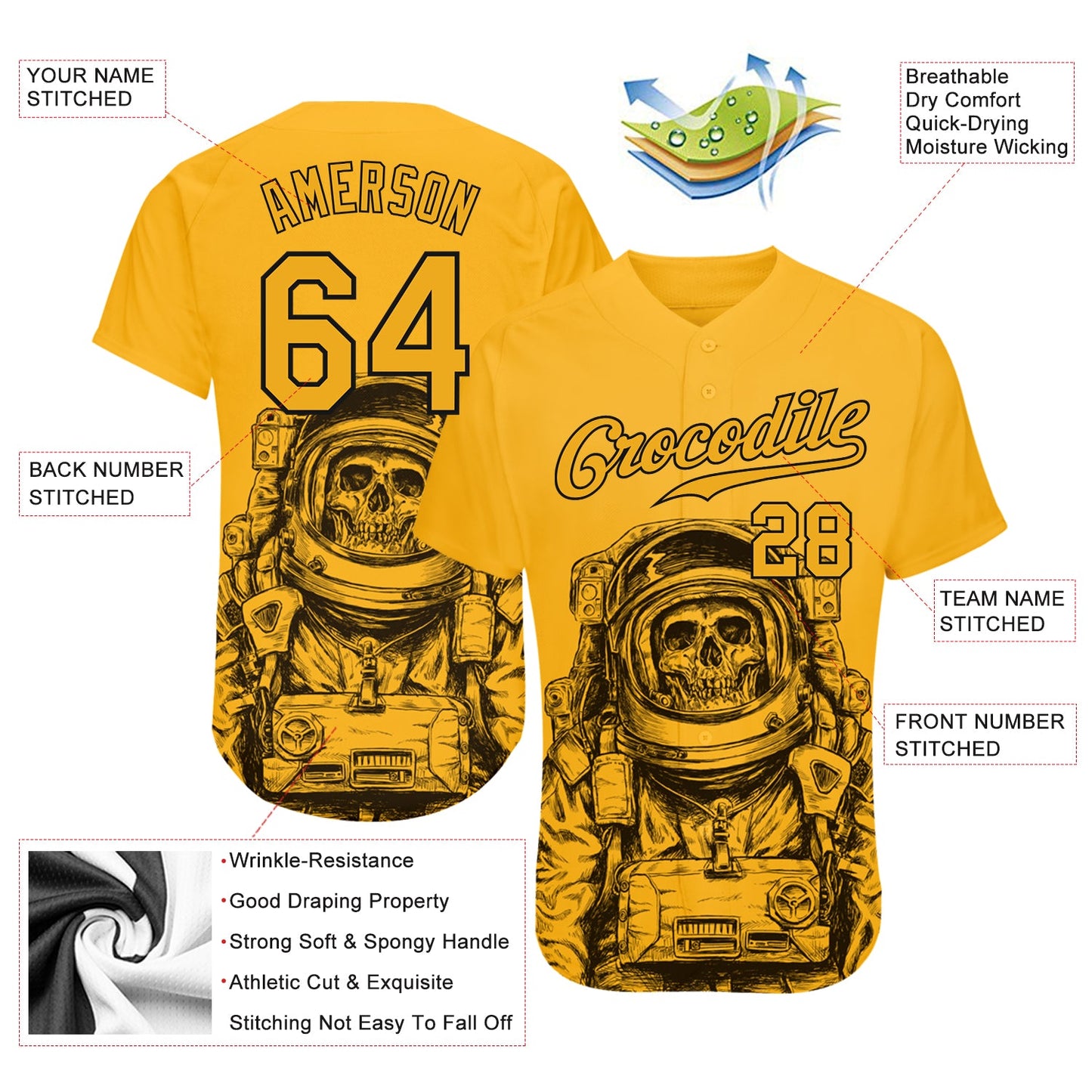 Custom Gold Gold-Black 3D Pattern Design Astronaut Authentic Baseball Jersey - Sky-Custom