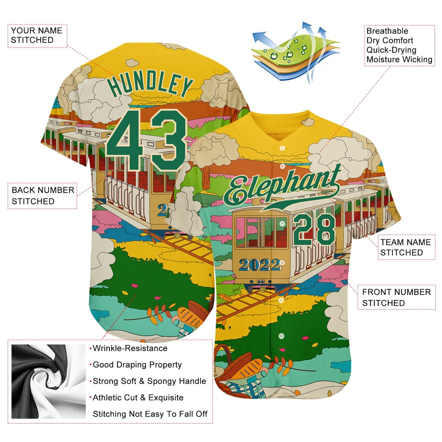 Custom Gold Kelly Green-Cream 3D Pattern Design Train Authentic Baseball Jersey - Sky-Custom