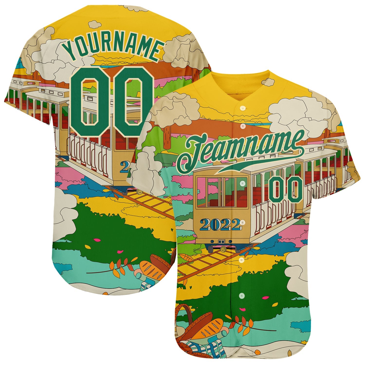 Custom Gold Kelly Green-Cream 3D Pattern Design Train Authentic Baseball Jersey - Sky-Custom