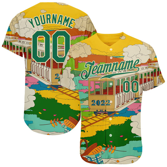 Custom Gold Kelly Green-Cream 3D Pattern Design Train Authentic Baseball Jersey - Sky-Custom