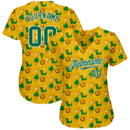Custom Gold Kelly Green-White 3D Pattern Design Authentic St. Patrick's Day Baseball Jersey - Sky-Custom