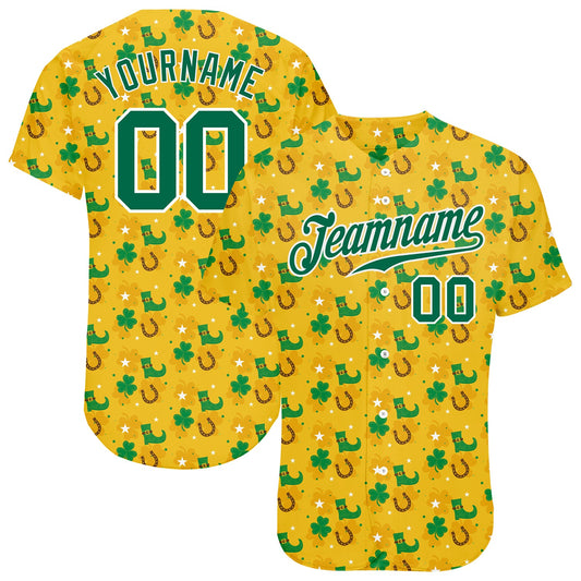 Custom Gold Kelly Green-White 3D Pattern Design Authentic St. Patrick's Day Baseball Jersey - Sky-Custom
