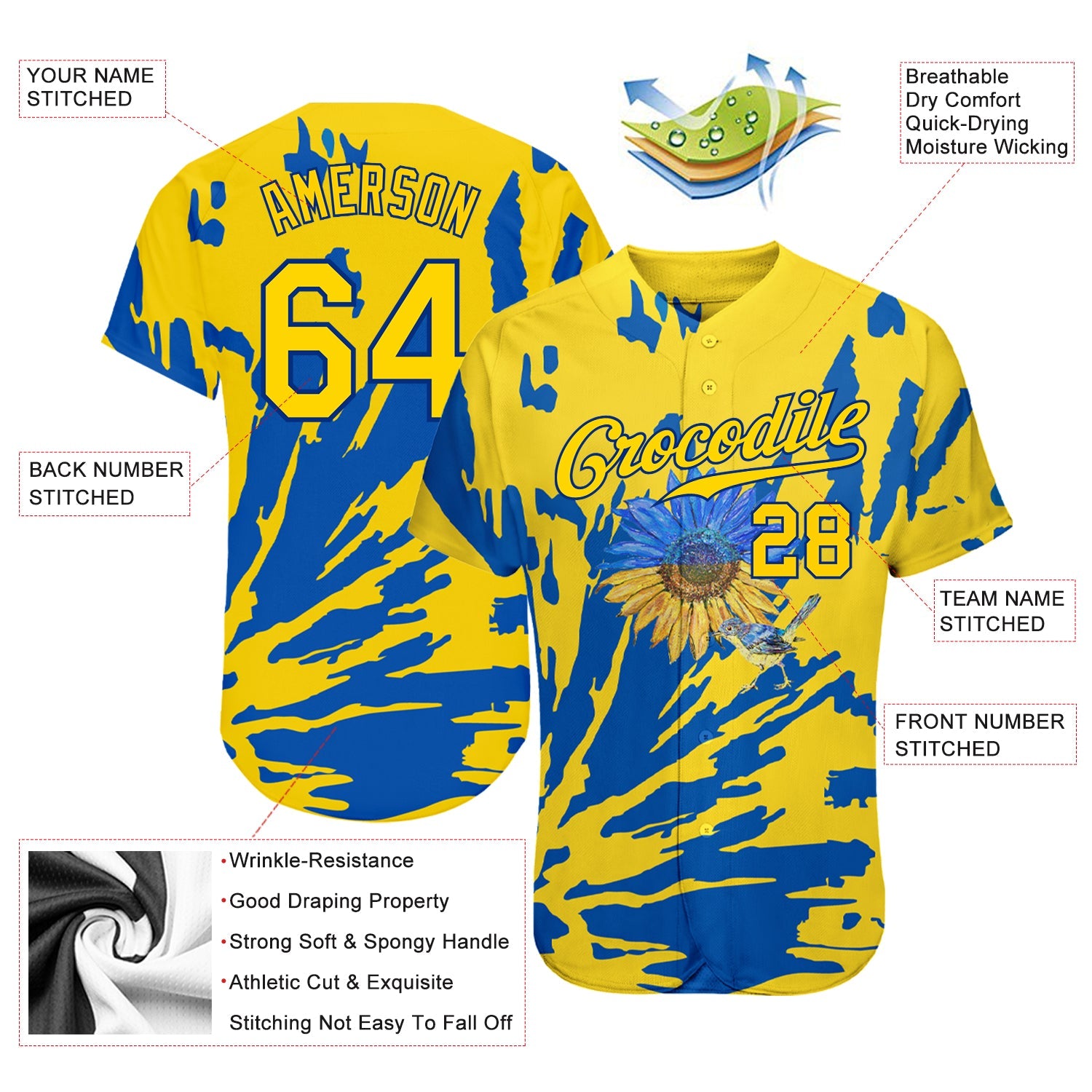 Custom 3D Pattern Design Ukraine Sunflower Nightingale Authentic Baseball Jersey - Sky-Custom