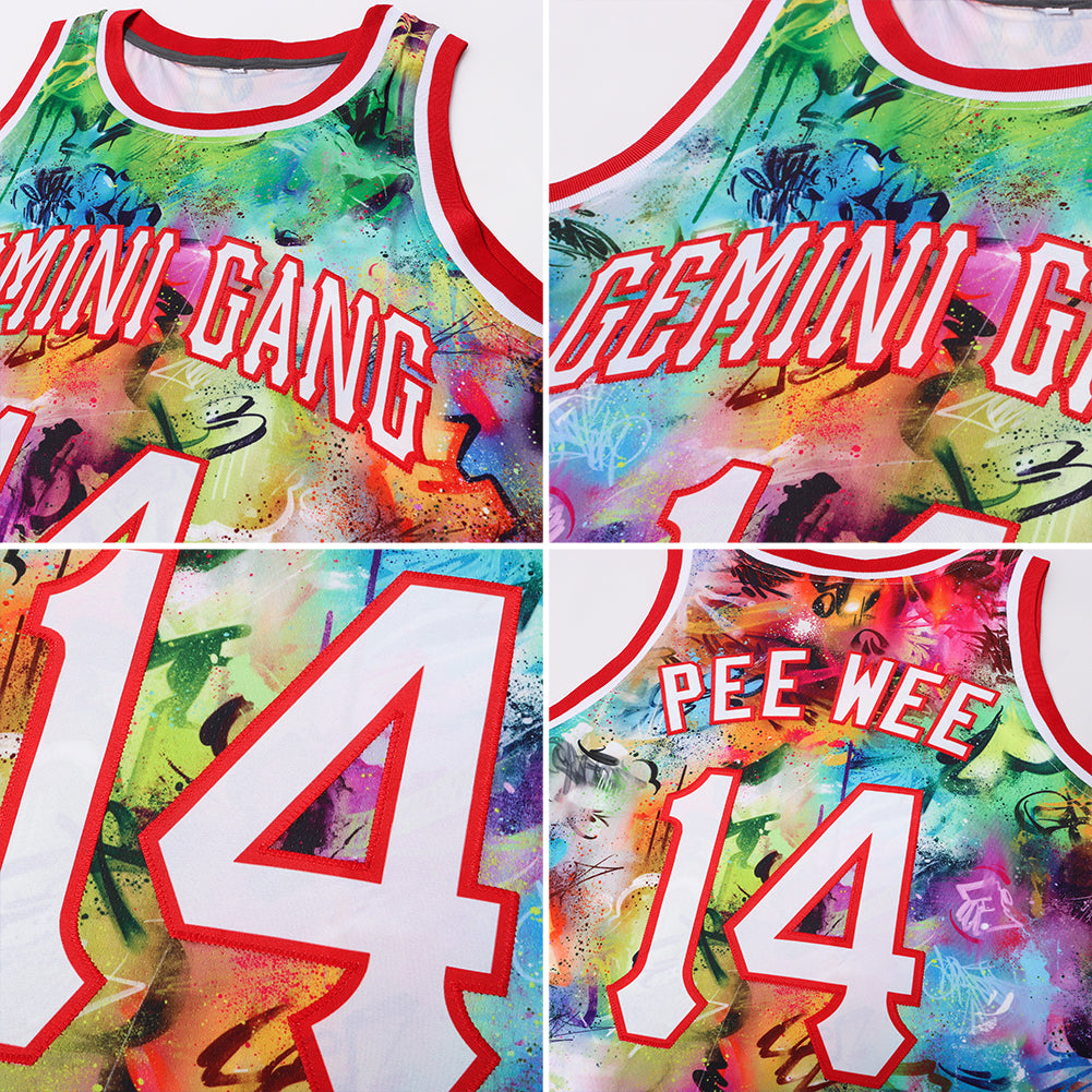 Custom Scratch Graffiti Pattern White-Red 3D Authentic Basketball Jersey - Sky-Custom