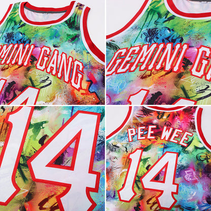 Custom Scratch Graffiti Pattern White-Red 3D Authentic Basketball Jersey - Sky-Custom