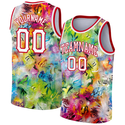 Custom Scratch Graffiti Pattern White-Red 3D Authentic Basketball Jersey - Sky-Custom