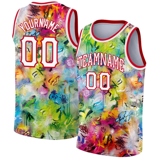 Custom Scratch Graffiti Pattern White-Red 3D Authentic Basketball Jersey - Sky-Custom