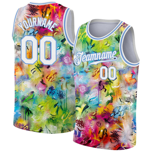 Custom Scratch Graffiti Pattern White-Light Blue 3D Authentic Basketball Jersey - Sky-Custom