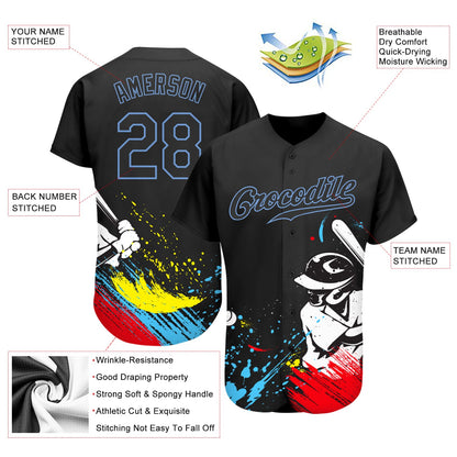Custom Graffiti Pattern Black-Light Blue 3D Authentic Baseball Jersey - Sky-Custom