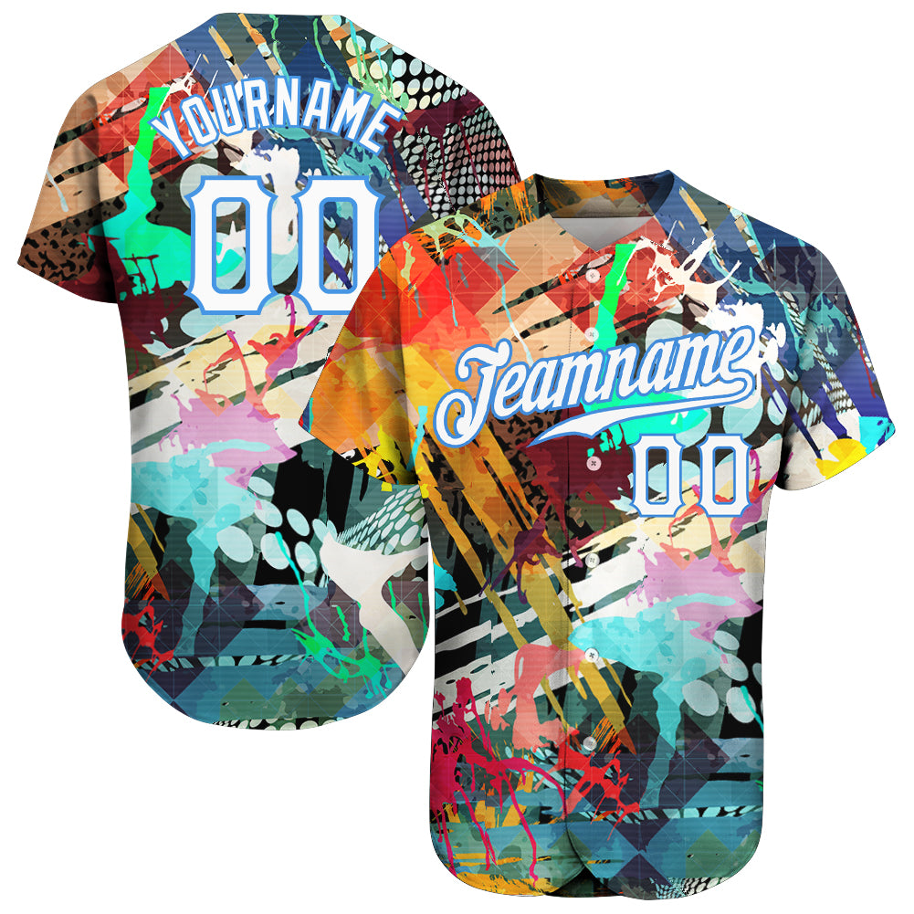 Custom Graffiti Colored Abstract Pattern White-Light Blue 3D Authentic Baseball Jersey - Sky-Custom