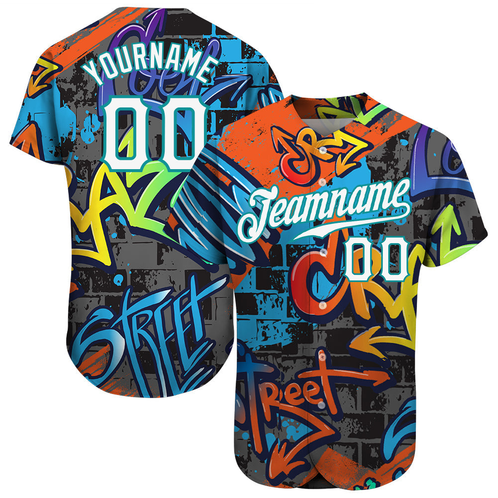 Custom Graffiti Geometric Pattern White-Teal 3D Authentic Baseball Jersey - Sky-Custom