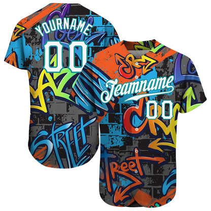 Custom Graffiti Geometric Pattern White-Teal 3D Authentic Baseball Jersey - Sky-Custom