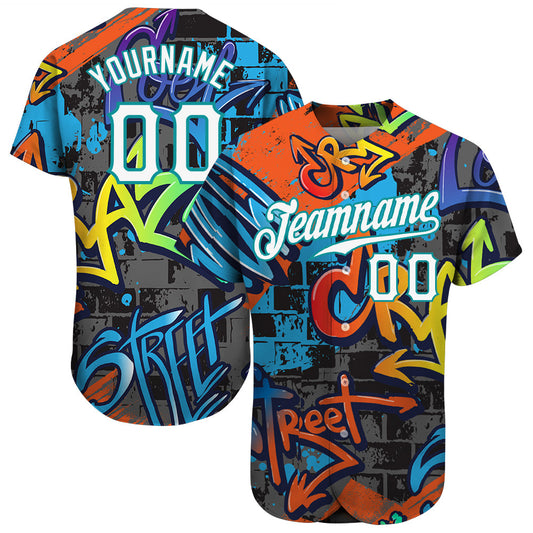 Custom Graffiti Geometric Pattern White-Teal 3D Authentic Baseball Jersey - Sky-Custom