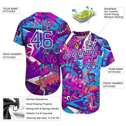 Custom Graffiti Words Pattern White-Purple 3D Authentic Baseball Jersey - Sky-Custom