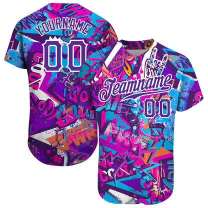 Custom Graffiti Words Pattern White-Purple 3D Authentic Baseball Jersey - Sky-Custom