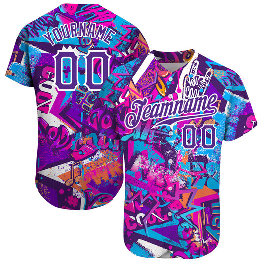 Custom Graffiti Words Pattern White-Purple 3D Authentic Baseball Jersey - Sky-Custom