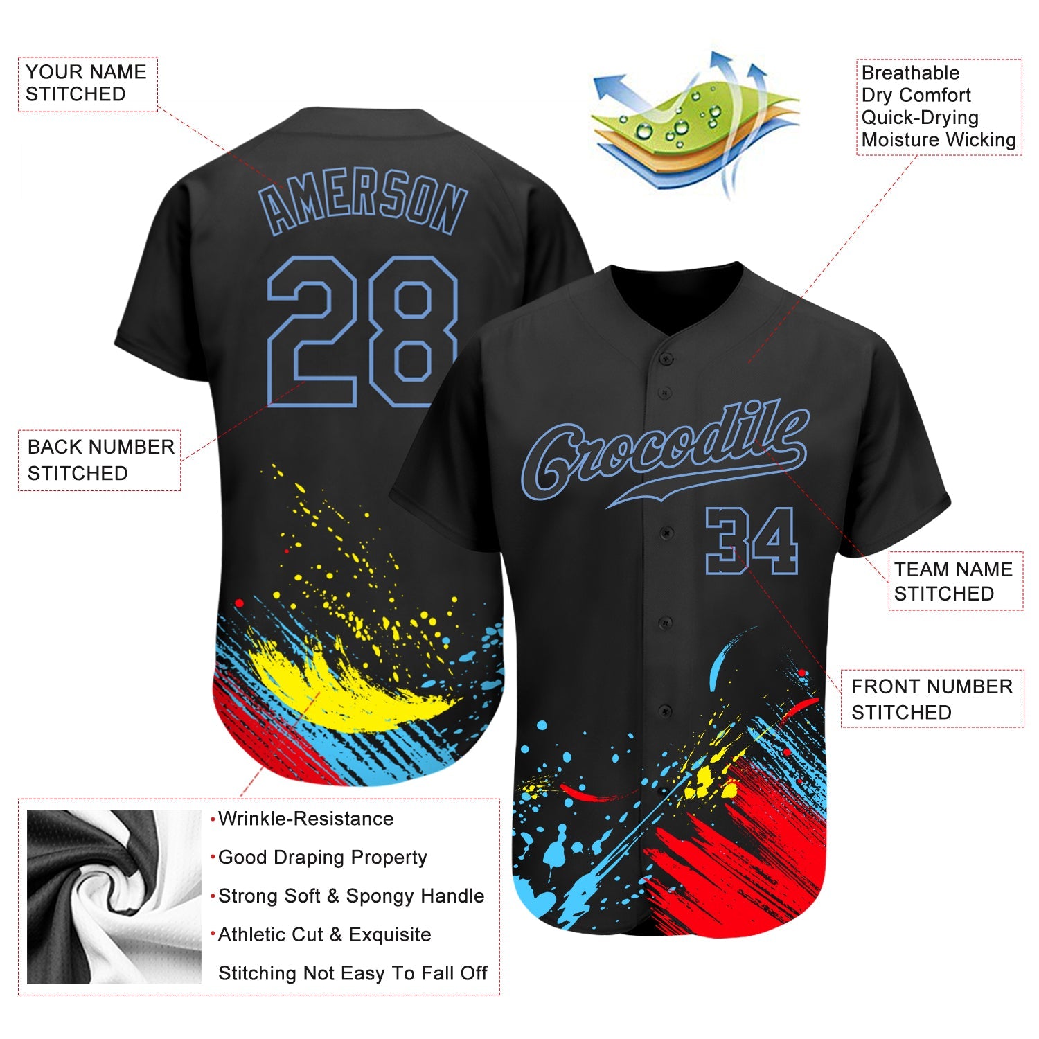 Custom Graffiti Pattern Black-Light Blue 3D Authentic Baseball Jersey - Sky-Custom