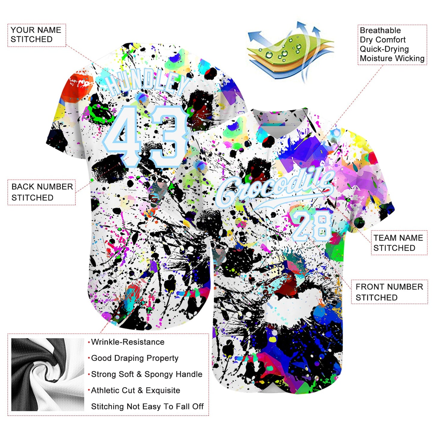 Custom Splashes Graffiti Pattern White-Light Blue 3D Authentic Baseball Jersey - Sky-Custom