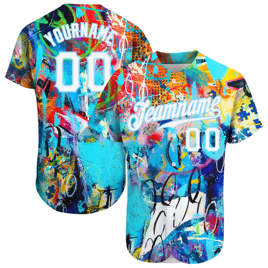 Custom Abstract Graffiti White-Light Blue 3D Authentic Baseball Jersey - Sky-Custom