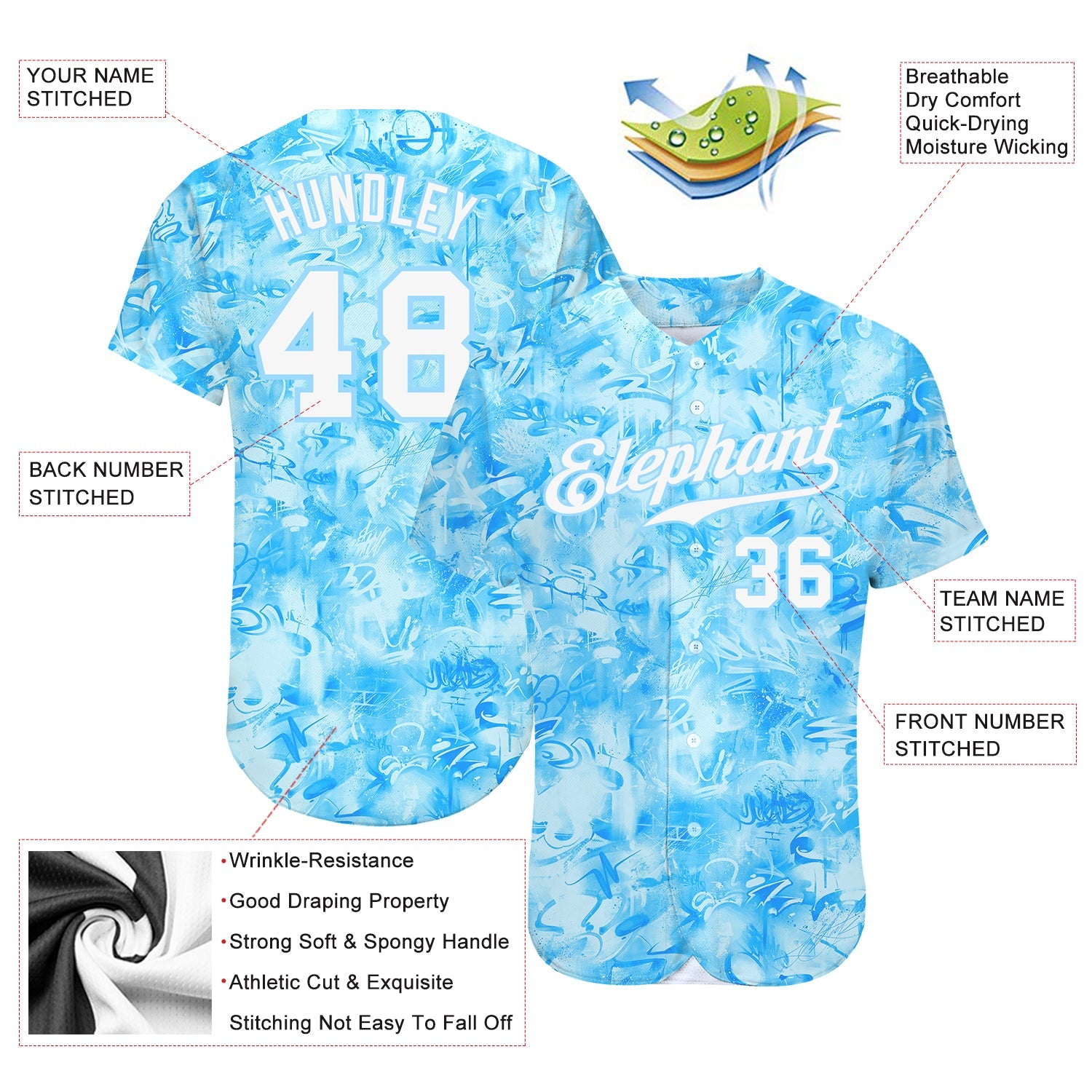 Custom Scratch Graffiti Pattern White-Light Blue 3D Authentic Baseball Jersey - Sky-Custom