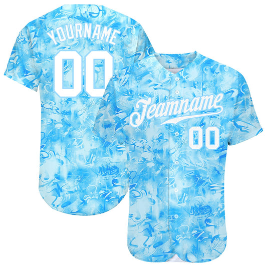 Custom Scratch Graffiti Pattern White-Light Blue 3D Authentic Baseball Jersey - Sky-Custom