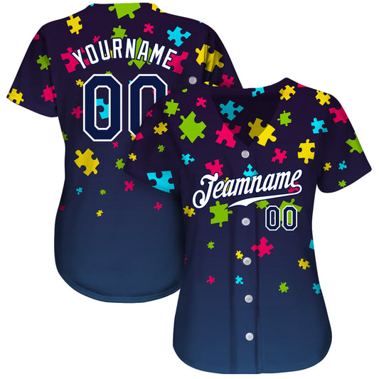 Custom Autism Awareness Puzzle Pieces Navy-White 3D Authentic Baseball Jersey - Sky-Custom